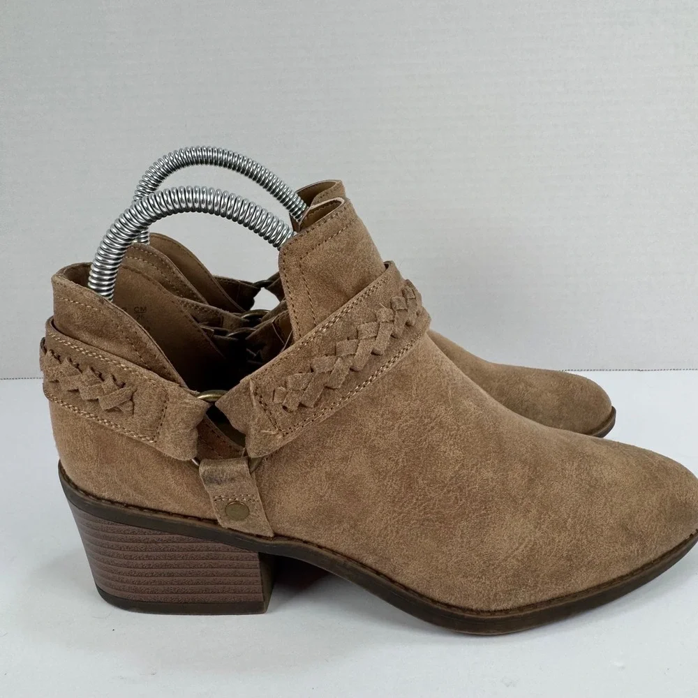 Fergalicious Integrity Tan Faux Suede Braided Ankle Booties Women 8 Western Boho